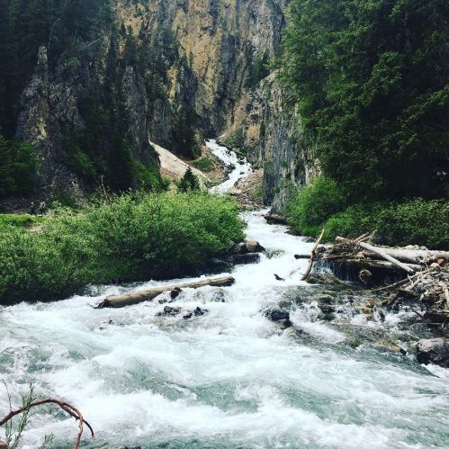 A rushing river flows through a rocky landscape, surrounded by lush greenery and steep cliffs.