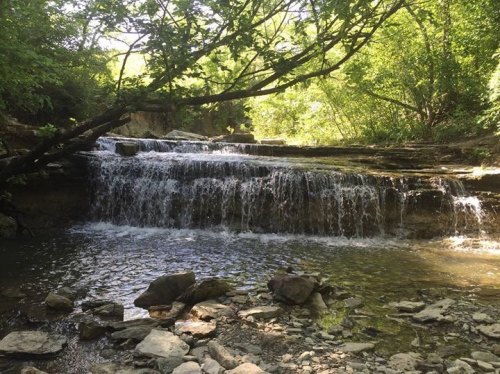 A serene waterfall cascades over rocks, surrounded by lush green trees and a calm pool of water below.