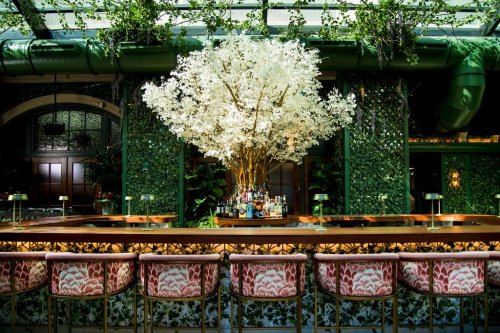 A stylish bar with a large white floral arrangement, surrounded by greenery and elegant seating.