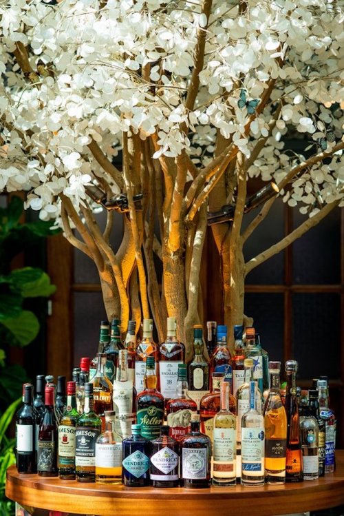 A decorative tree with white leaves surrounded by various bottles of liquor on a wooden table.