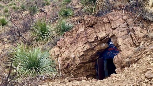 A rocky cave entrance surrounded by desert vegetation and yucca plants.