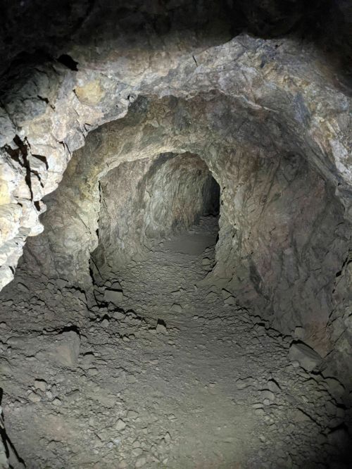 A dimly lit cave tunnel with rocky walls and a dirt floor, leading into darkness.