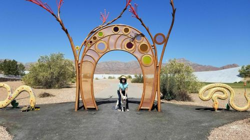 A person with a dog stands under a colorful archway in a desert landscape with mountains in the background.