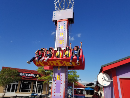 A group of children enjoying a thrill ride called "Moser Rides" at an amusement park on a sunny day.