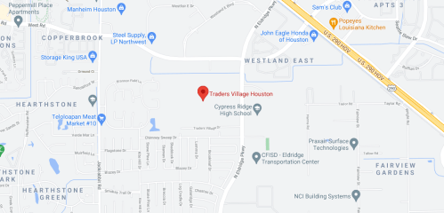 Map showing the location of Traders Village in Houston, Texas, near Cypress Ridge High School and various businesses.