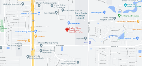 Map of Grand Prairie, Texas, highlighting Traders Village and nearby landmarks like the airport and shopping centers.