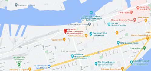 Map of Galveston, Texas, highlighting the Galveston Railroad Museum and nearby landmarks.