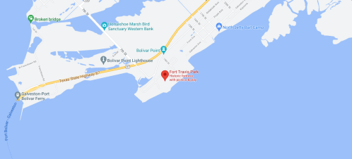 Map showing Fort Travis Park near Bolivar Point, Texas, with nearby landmarks and waterways.