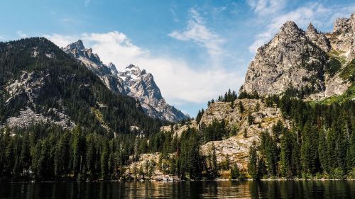 A serene lake surrounded by towering mountains and lush green forests under a blue sky with scattered clouds.
