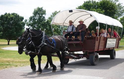 A horse-drawn wagon carries passengers through a scenic area, with trees in the background and a sunny sky.