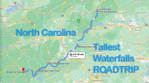 Map of North Carolina highlighting a road trip route to the tallest waterfalls, including Bridal Veil Falls and Rainbow Falls.