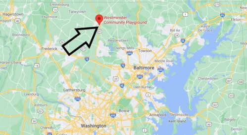 Map showing the location of Westminster Community Playground, north of Baltimore, with an arrow pointing to it.