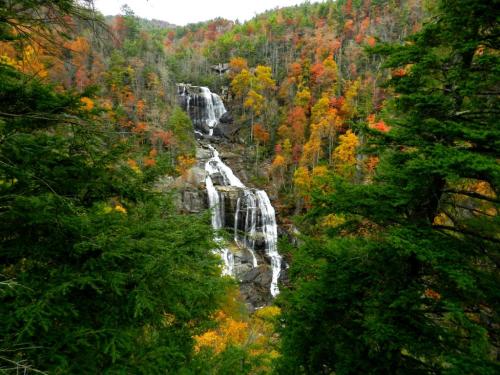 A scenic view of a waterfall surrounded by vibrant autumn foliage and lush green trees.
