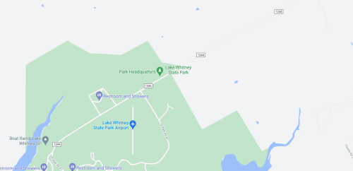 Map showing Lake Whitney State Park, including park headquarters and restroom facilities.