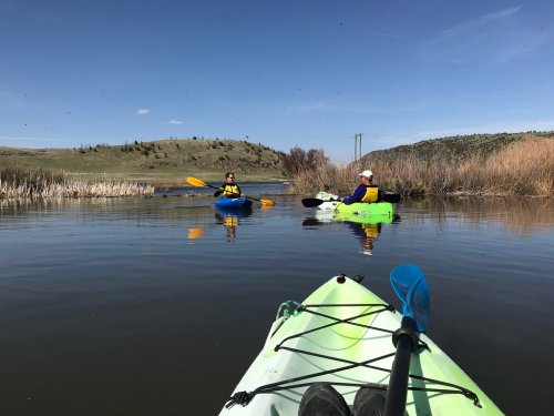 Two kayakers on a calm lake surrounded by reeds and hills, enjoying a sunny day outdoors.