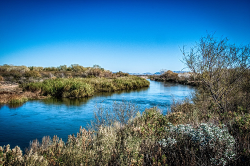A serene river flows through lush greenery under a clear blue sky, with distant mountains on the horizon.