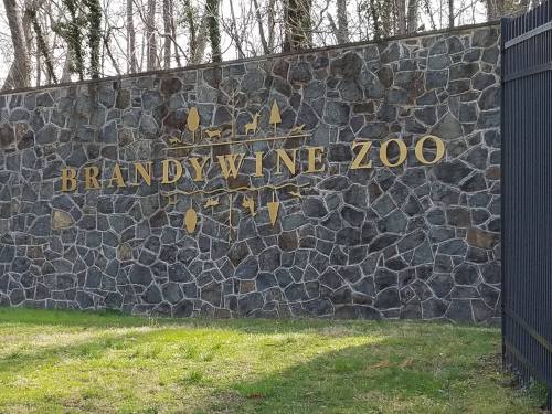 Sign for Brandywine Zoo on a stone wall, surrounded by grass and trees.