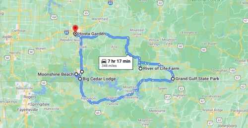 Map showing a road trip route from Hosta Garden to Grand Gulf State Park, including stops at Moonshine Beach, Big Cedar Lodge, and River of Life Farm.