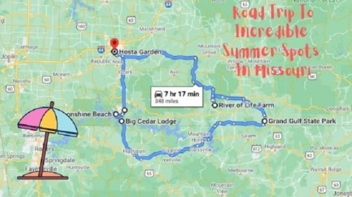 Map of a road trip route in Missouri, highlighting summer spots like Hosta Garden and Grand Gulf State Park.