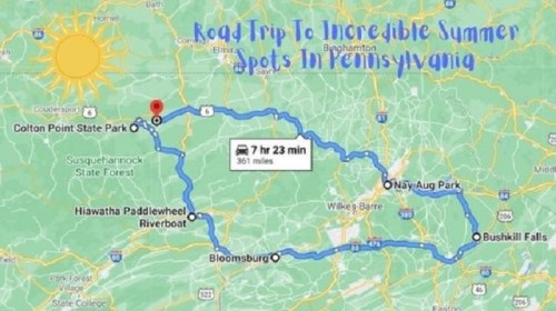 Map of a road trip route in Pennsylvania, highlighting summer spots: Colton Point State Park, Nay Aug Park, Bloomsburg, and Bushkill Falls.