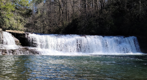 A serene waterfall cascading over rocks into a clear, calm pool, surrounded by lush trees and greenery.