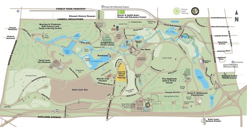 Map of Forest Park in St. Louis, highlighting attractions, trails, and landmarks like the zoo and museums.