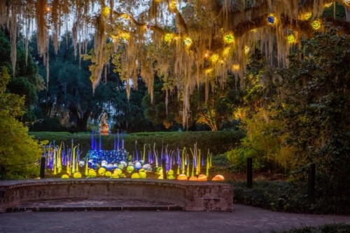 A vibrant garden scene with colorful glass sculptures illuminated under a tree draped in Spanish moss.