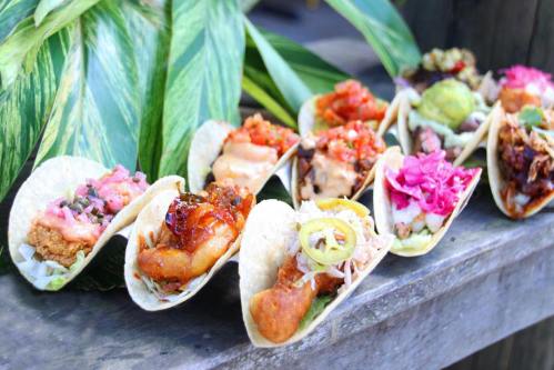 A colorful array of tacos with various toppings, displayed on a wooden surface with green leaves in the background.