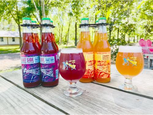 Two bottles of fruit sour ales and glasses of beer on a wooden table, surrounded by greenery and outdoor seating.