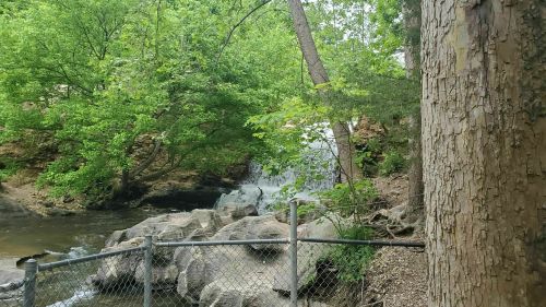 A serene waterfall cascades over rocks, surrounded by lush green trees and a fenced area.