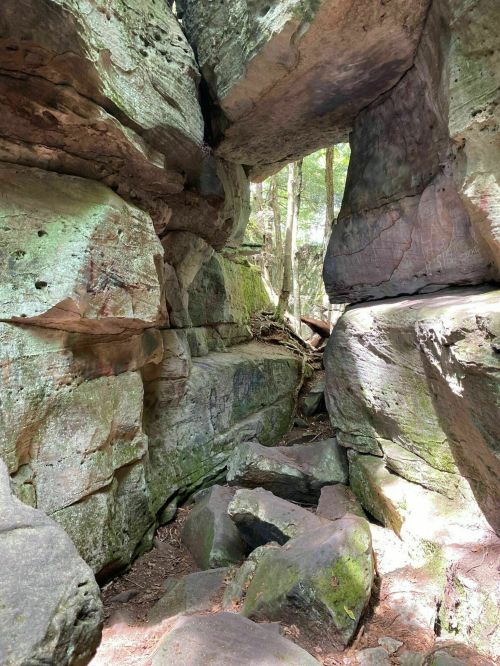 A narrow passage between large, moss-covered rock formations in a forested area. Sunlight filters through the trees.