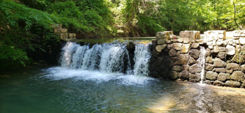 A serene waterfall cascades over a stone wall into a clear, greenish stream surrounded by lush foliage.