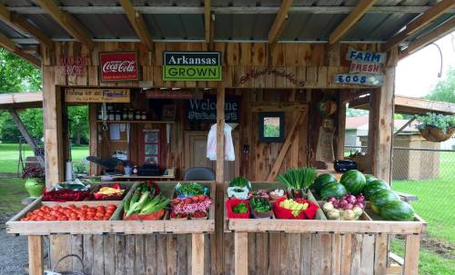 A rustic farm stand displaying fresh vegetables and fruits, with signs for local produce and farm-fresh eggs.