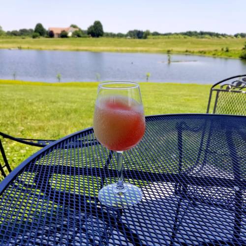 A glass of colorful drink on a table by a serene pond, surrounded by green grass and trees under a clear blue sky.