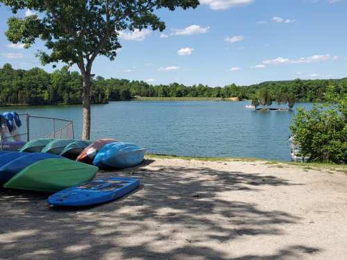 A serene lake view with colorful kayaks on the shore, surrounded by lush greenery and a clear blue sky.