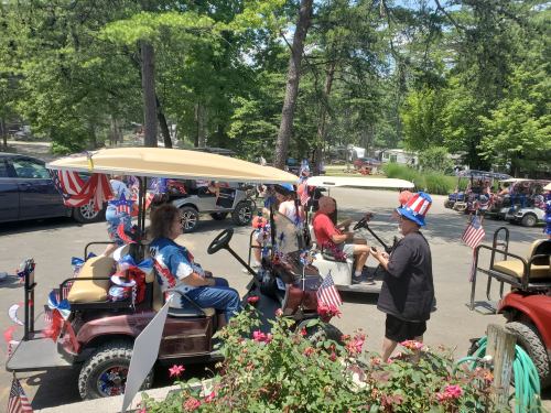 A group of people in decorated golf carts, celebrating with flags and festive attire in a park setting.