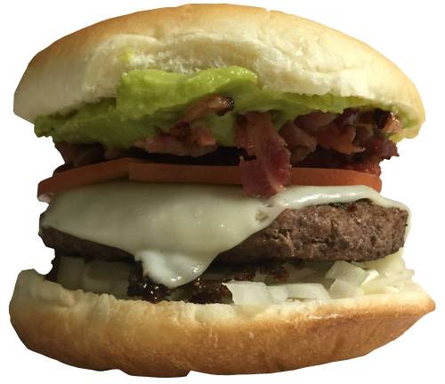 A delicious burger with a beef patty, melted cheese, bacon, tomato, onions, and guacamole in a soft bun.