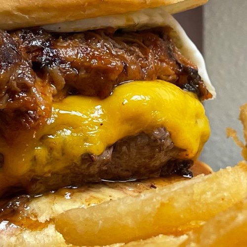 Close-up of a juicy burger with melted cheese, pulled pork, and crispy fries on the side.