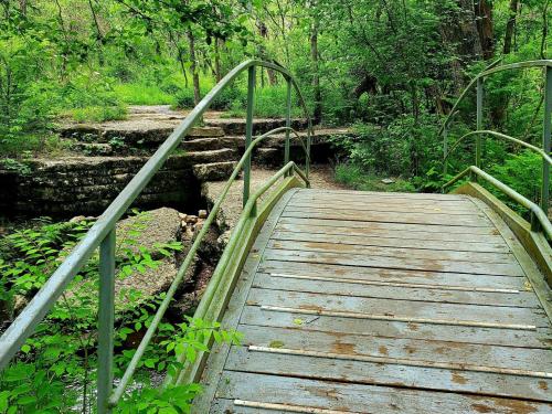 A small metal bridge over a stream, surrounded by lush green trees and foliage in a serene forest setting.