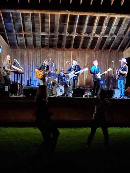 A band performs on stage with instruments, while people dance in front under a wooden structure at night.