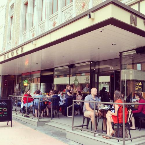 Outdoor dining scene at a restaurant with patrons seated at tables, enjoying meals and drinks on a sunny day.