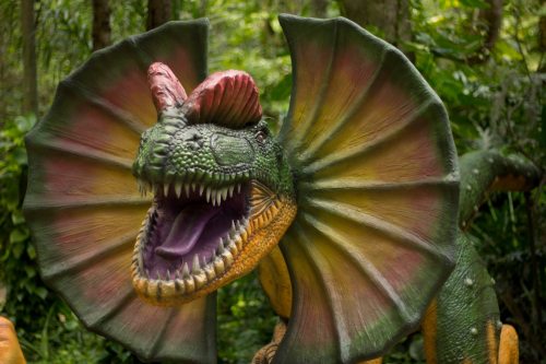 A colorful dinosaur sculpture with a large frill and open mouth, set in a lush, green forest environment.