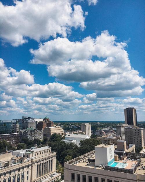 A city skyline under a bright blue sky filled with fluffy clouds, showcasing buildings and a rooftop pool.