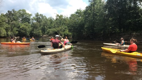 A group of people kayaking on a calm river surrounded by lush greenery and trees under a partly cloudy sky.
