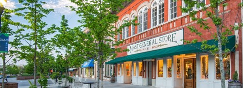 A charming brick general store with large windows, surrounded by trees and a clear blue sky.