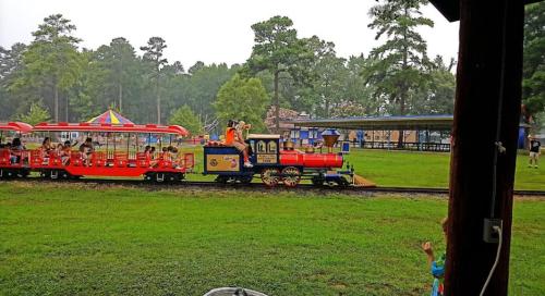 A colorful train rides along a track in a park, surrounded by trees and a carnival atmosphere.