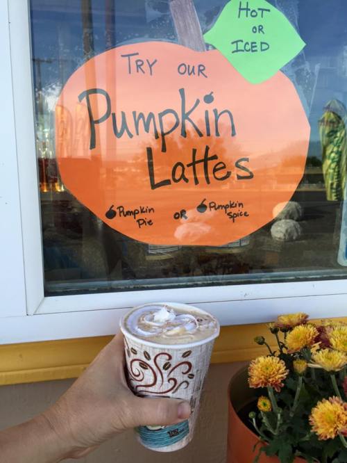 A hand holding a pumpkin latte in front of a window displaying a sign for pumpkin lattes, with flowers nearby.