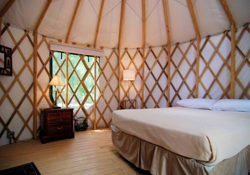 Cozy yurt interior with a bed, wooden furniture, and natural light from a window.