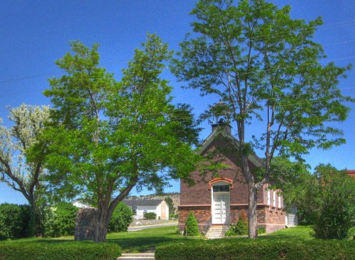 A brick building with a white door, surrounded by green trees and shrubs under a clear blue sky.