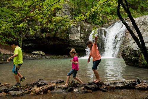 Three children play by a waterfall, balancing on rocks in a serene, green forest setting.